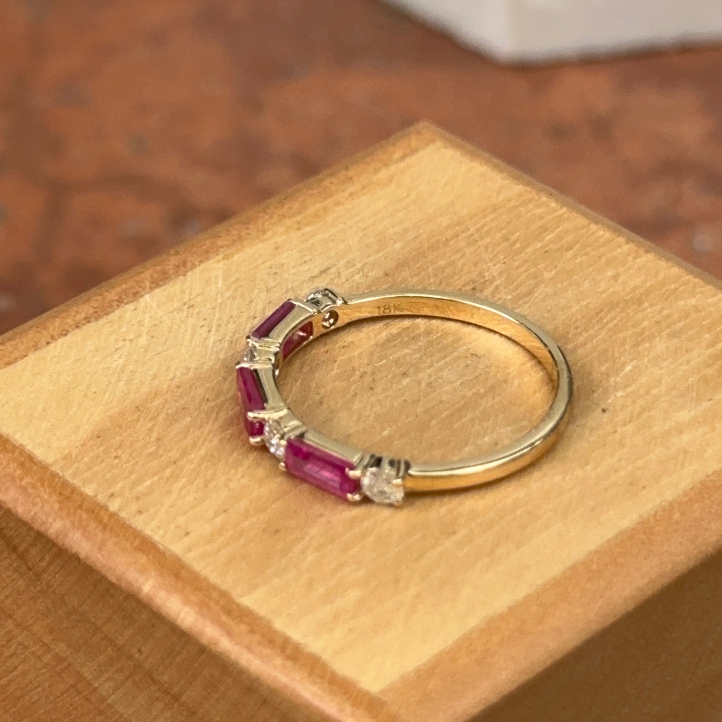 Estate 18KT Yellow Gold Baguette-Cut Ruby + Diamond Band Ring
