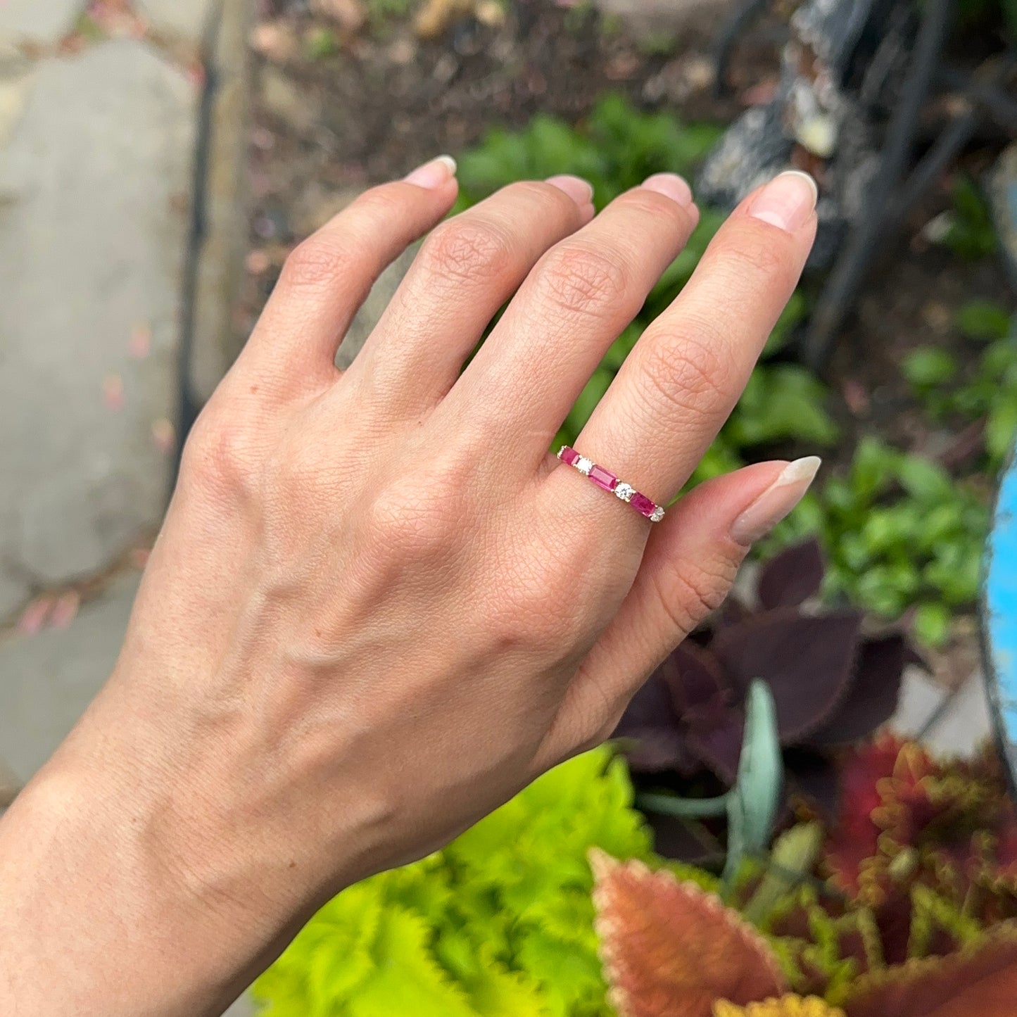 Estate 18KT Yellow Gold Baguette-Cut Ruby + Diamond Band Ring