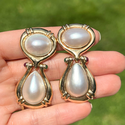 Estate 14KT Yellow Gold Mabe Pearl, Ruby + Emerald Clip-On Earrings