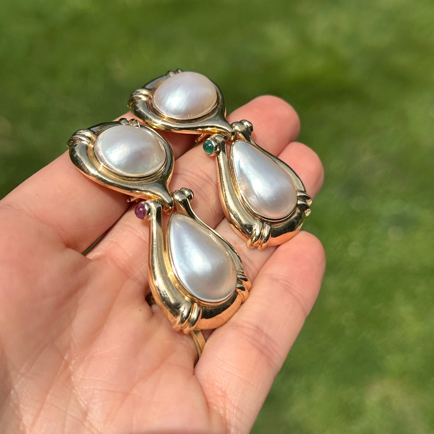 Estate 14KT Yellow Gold Mabe Pearl, Ruby + Emerald Clip-On Earrings