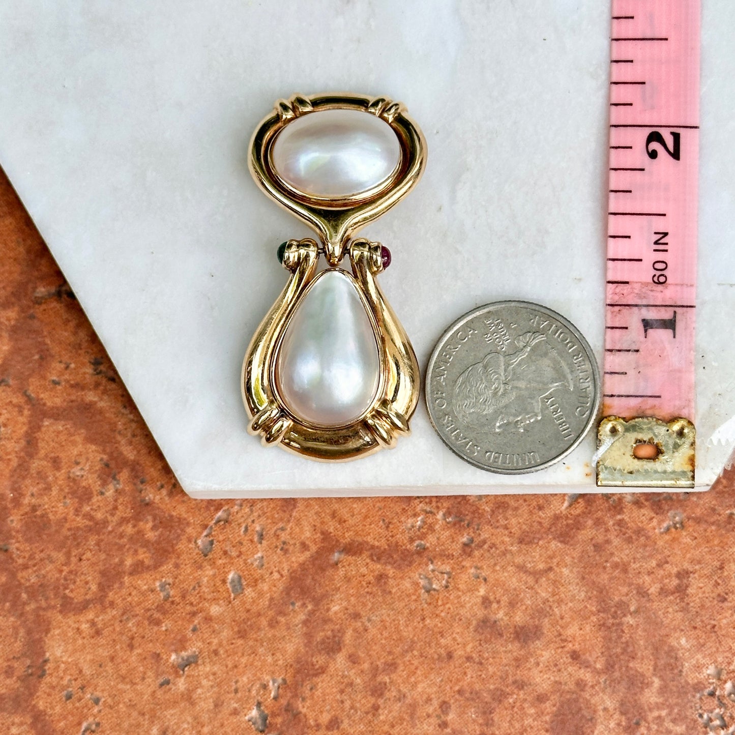 Estate 14KT Yellow Gold Mabe Pearl, Ruby + Emerald Clip-On Earrings