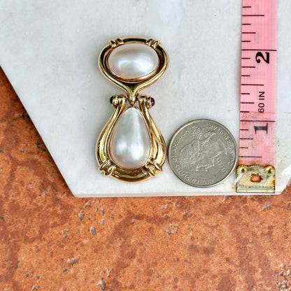 Estate 14KT Yellow Gold Mabe Pearl, Ruby + Emerald Clip-On Earrings