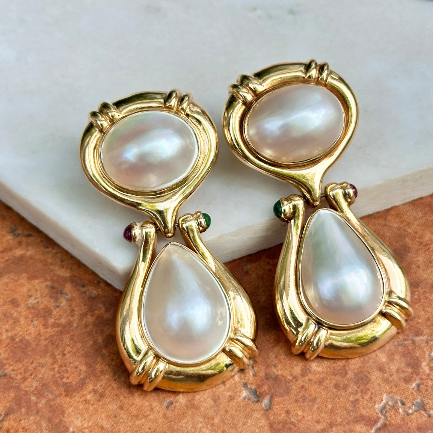 Estate 14KT Yellow Gold Mabe Pearl, Ruby + Emerald Clip-On Earrings