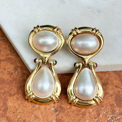 Estate 14KT Yellow Gold Mabe Pearl, Ruby + Emerald Clip-On Earrings