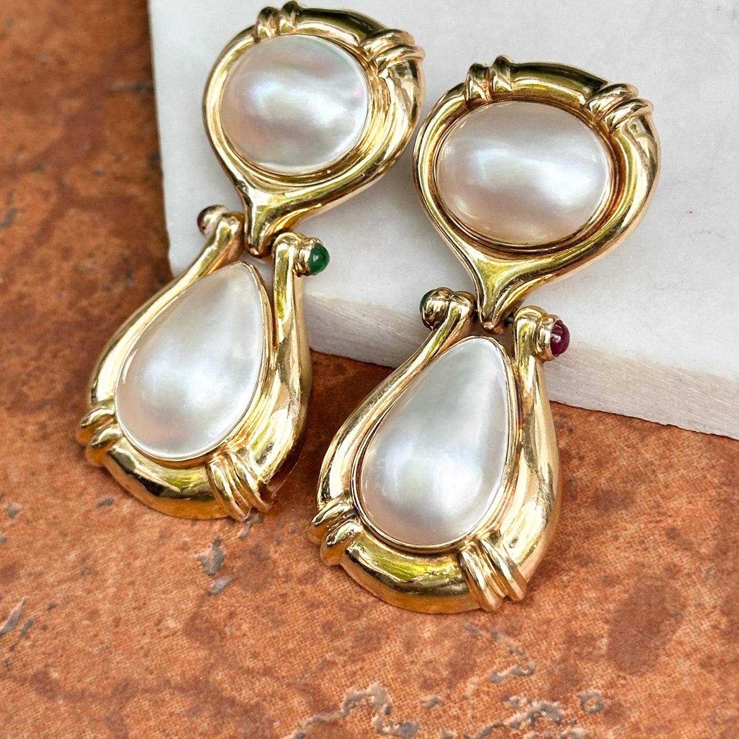 Estate 14KT Yellow Gold Mabe Pearl, Ruby + Emerald Clip-On Earrings