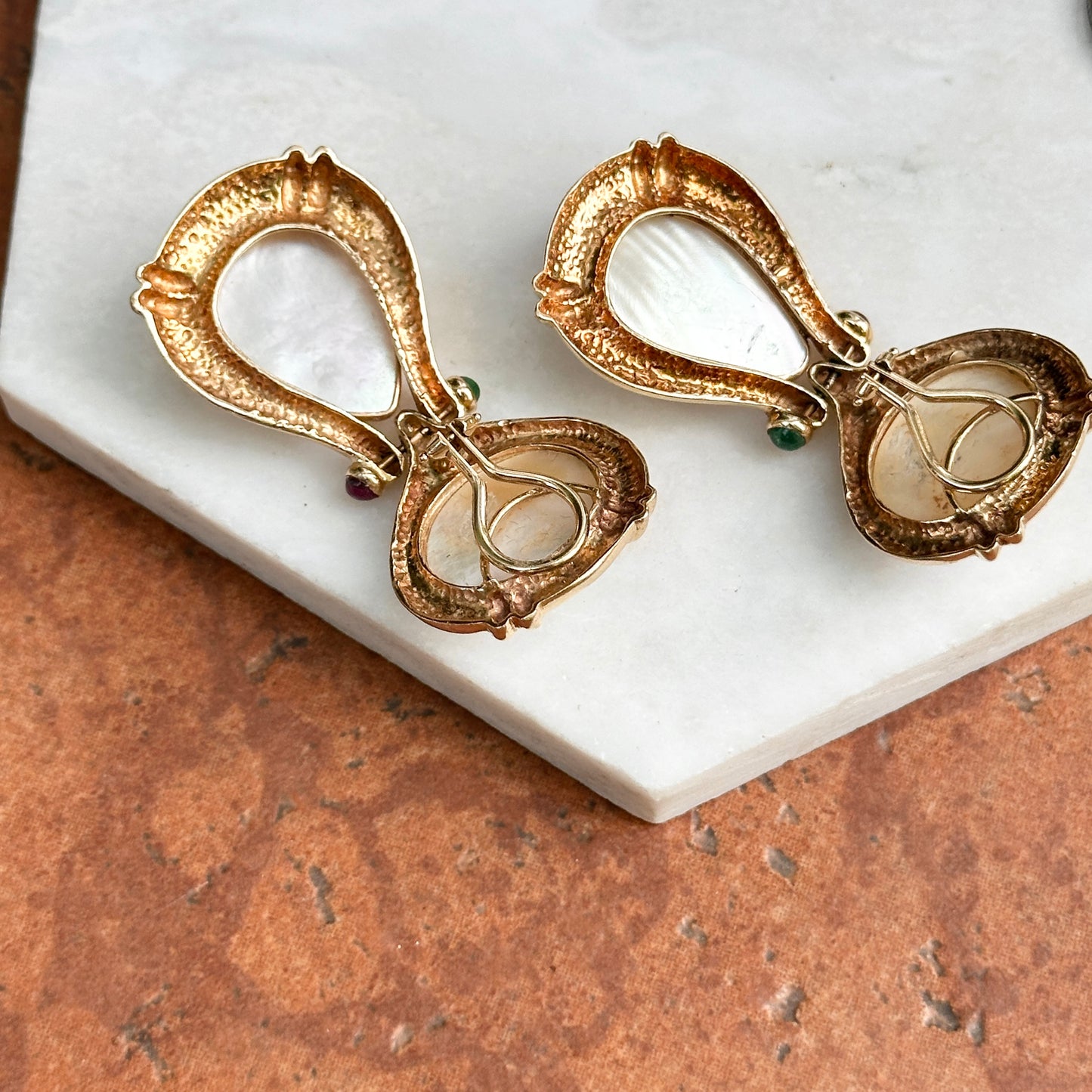 Estate 14KT Yellow Gold Mabe Pearl, Ruby + Emerald Clip-On Earrings