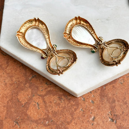 Estate 14KT Yellow Gold Mabe Pearl, Ruby + Emerald Clip-On Earrings