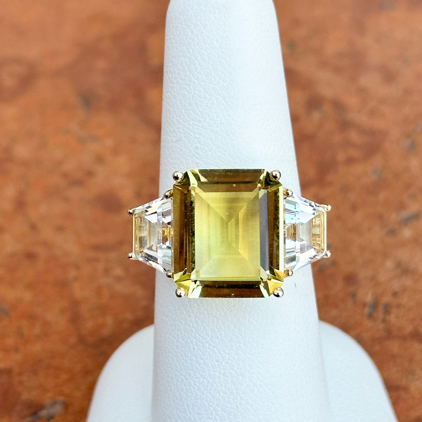 Estate 14KT Yellow Gold Emerald-Cut Citrine + White Topaz Ring