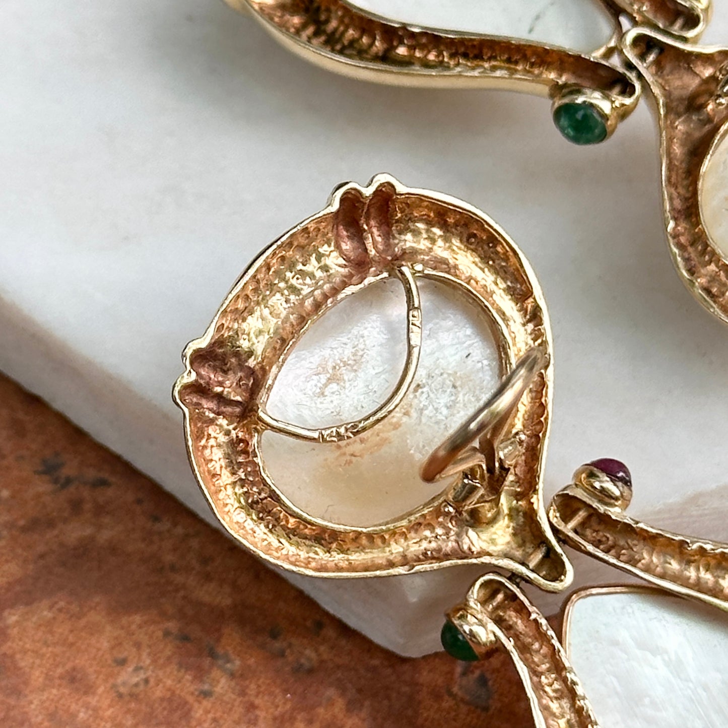 Estate 14KT Yellow Gold Mabe Pearl, Ruby + Emerald Clip-On Earrings