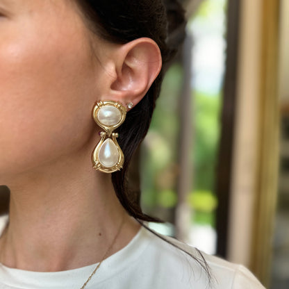 Estate 14KT Yellow Gold Mabe Pearl, Ruby + Emerald Clip-On Earrings