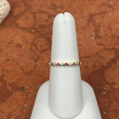 Estate 14KT Yellow Gold Tiny Ruby + Diamond Band Ring