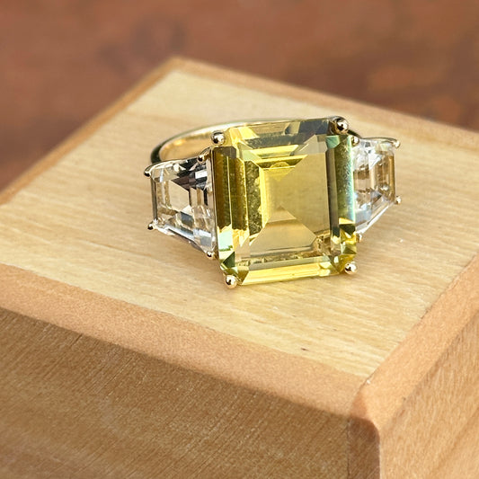 Estate 14KT Yellow Gold Emerald-Cut Citrine + White Topaz Ring