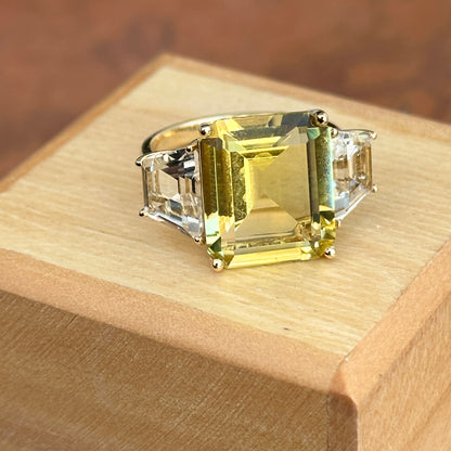 Estate 14KT Yellow Gold Emerald-Cut Citrine + White Topaz Ring