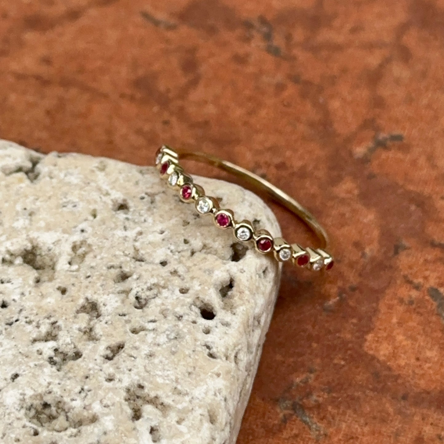 Estate 14KT Yellow Gold Tiny Ruby + Diamond Band Ring