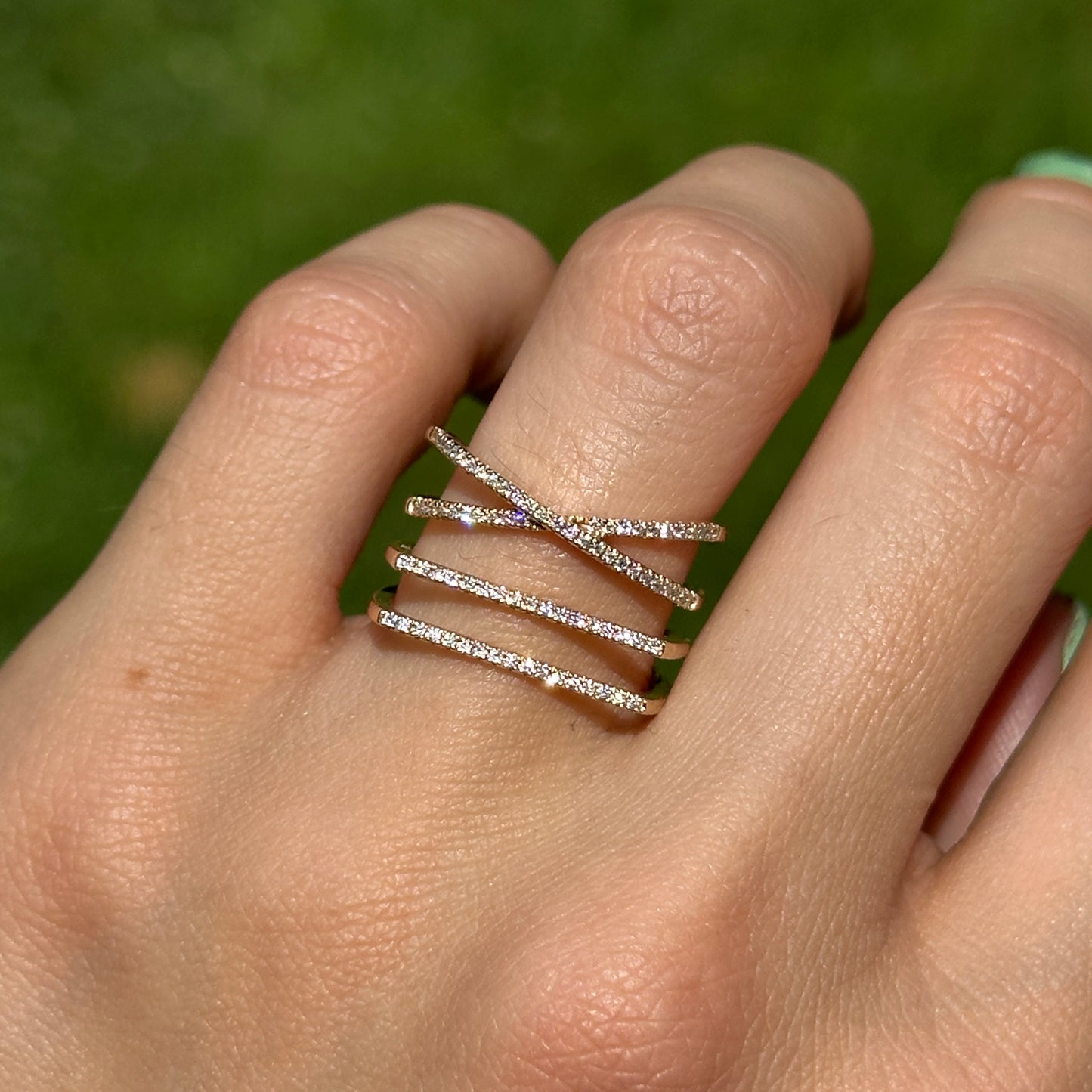 14KT Yellow Gold Round Diamond Geometric Style 4 Row Ring