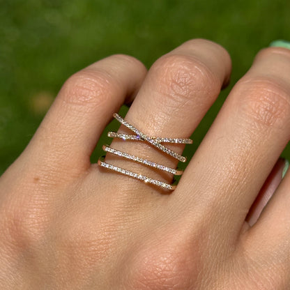 14KT Yellow Gold Round Diamond Geometric Style 4 Row Ring