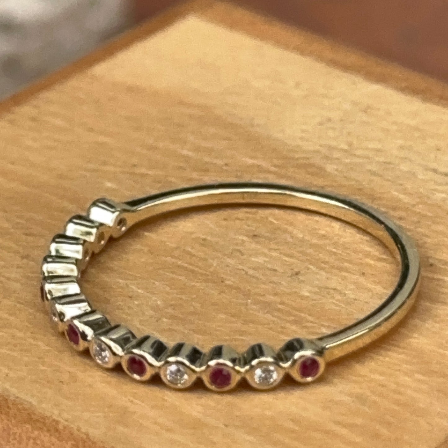 Estate 14KT Yellow Gold Tiny Ruby + Diamond Band Ring