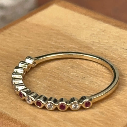 Estate 14KT Yellow Gold Tiny Ruby + Diamond Band Ring