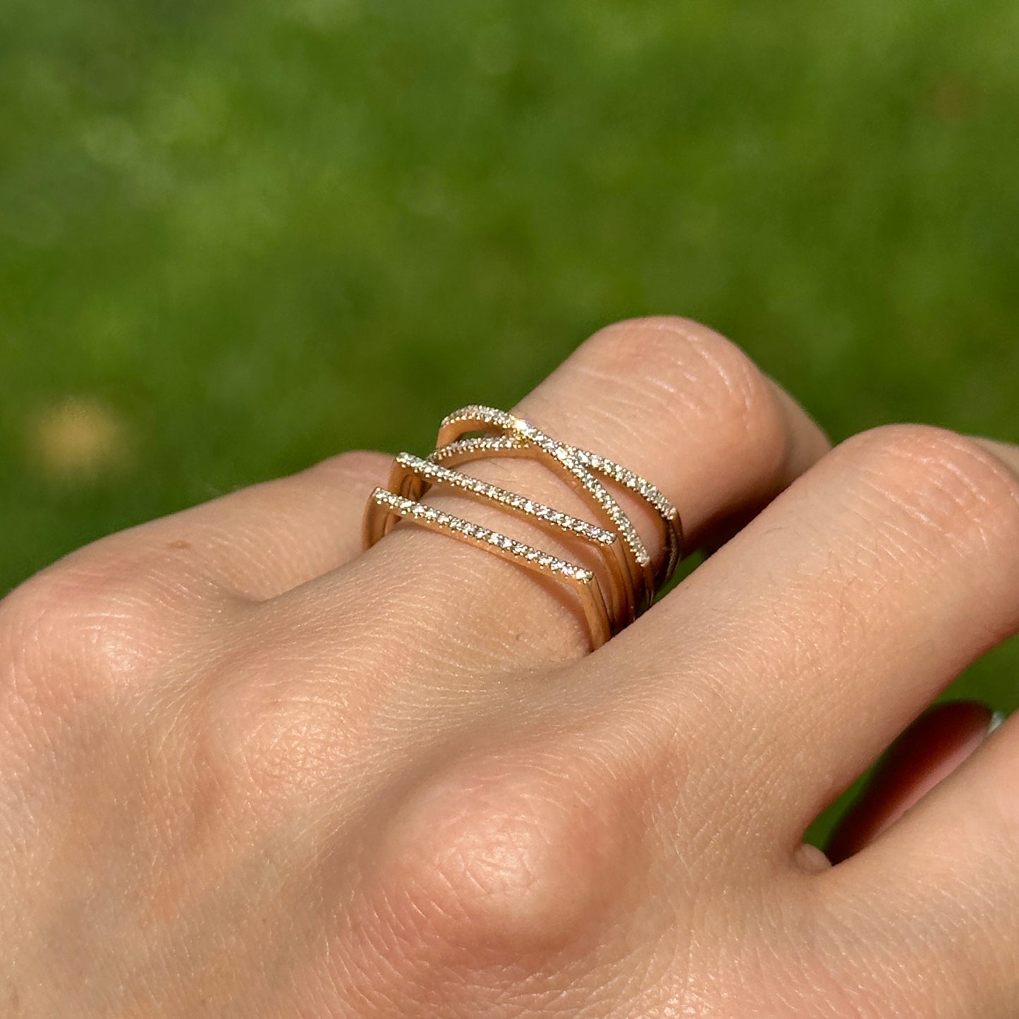 14KT Yellow Gold Round Diamond Geometric Style 4 Row Ring