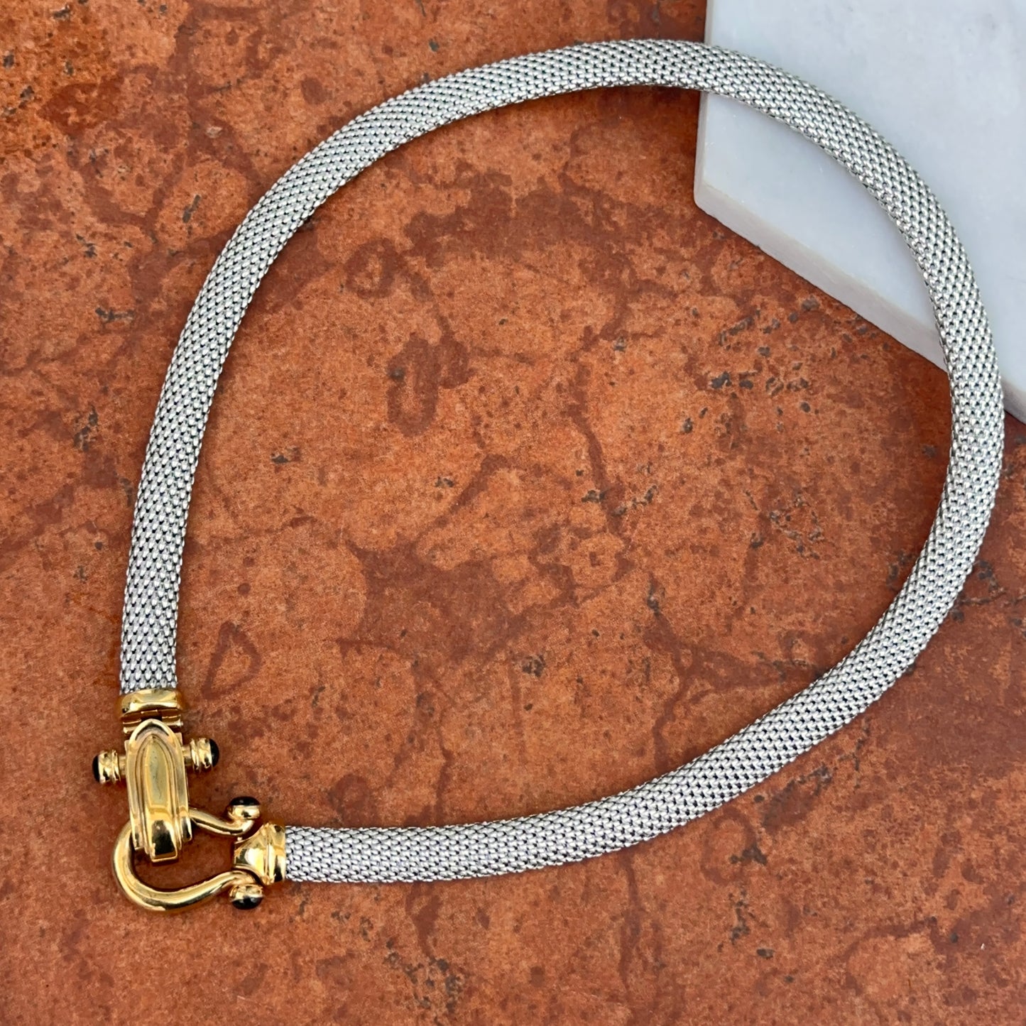 Estate 14KT Yellow Plated + Sterling Silver Weave Chain Horse Bit Onyx Caps Necklace