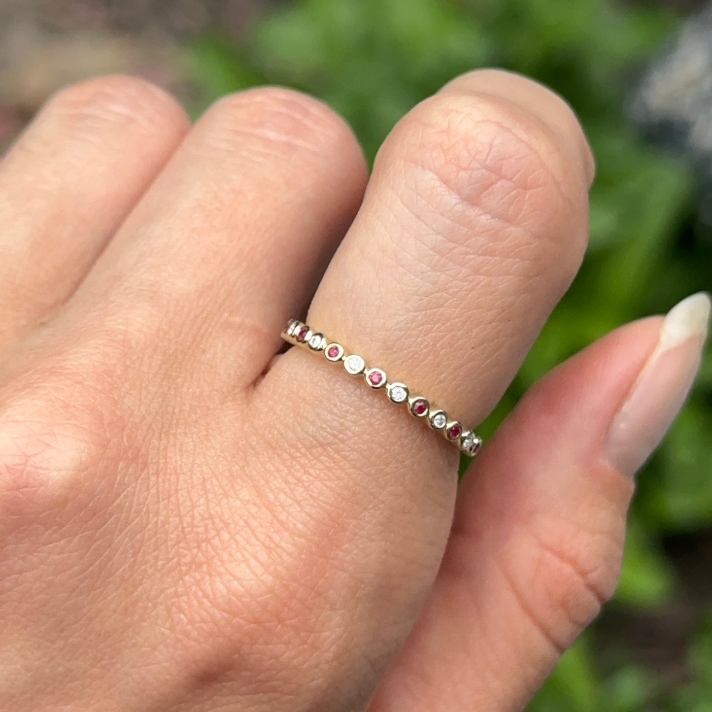 Estate 14KT Yellow Gold Tiny Ruby + Diamond Band Ring