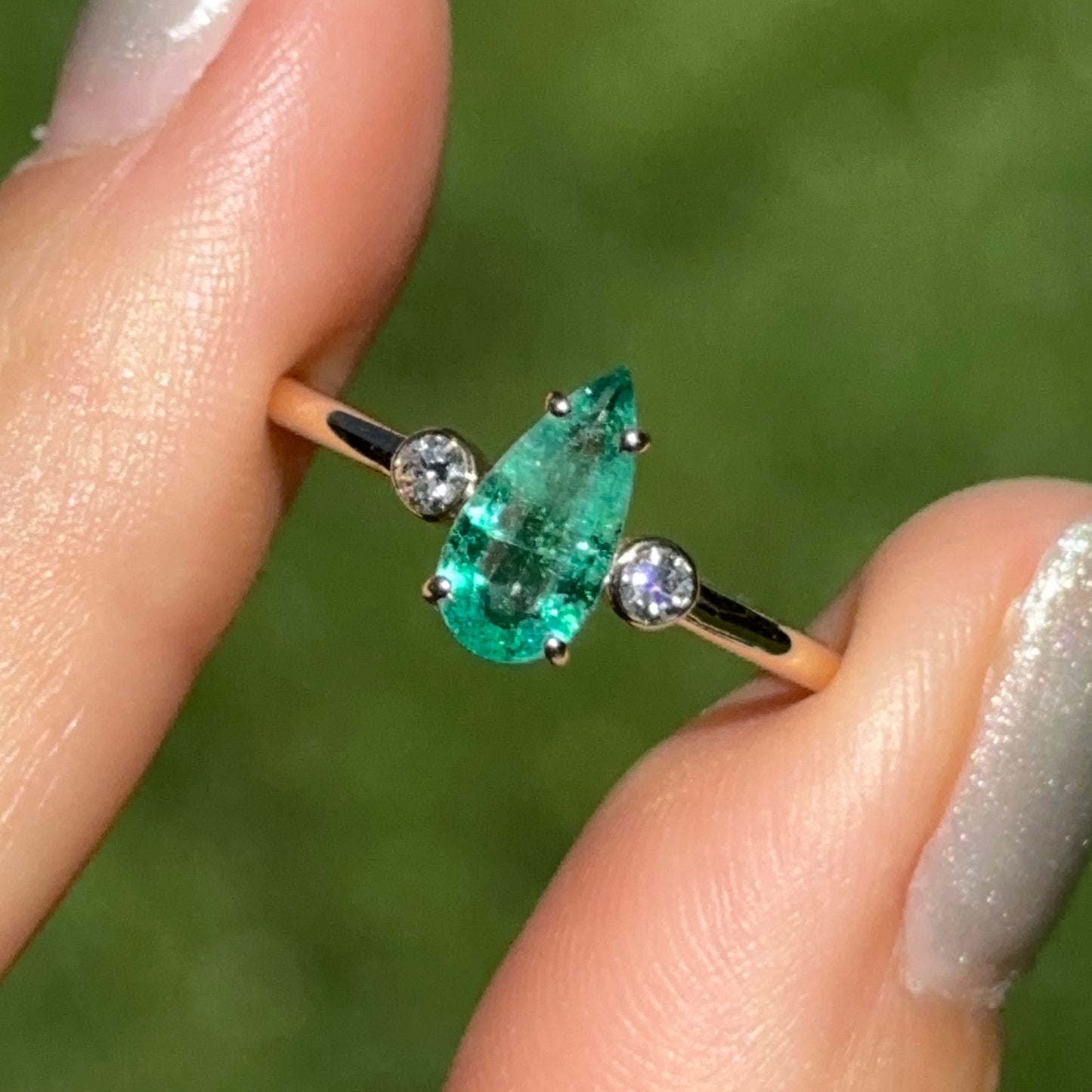 Estate 18KT Yellow Gold Elongated Pear Emerald + Diamond Ring