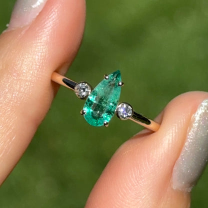 Estate 18KT Yellow Gold Elongated Pear Emerald + Diamond Ring