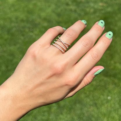 14KT Yellow Gold Round Diamond Geometric Style 4 Row Ring