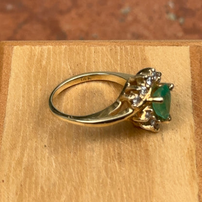 Estate 14KT Yellow Gold Teardrop Colombian Emerald + Diamond Halo Bypass Ring