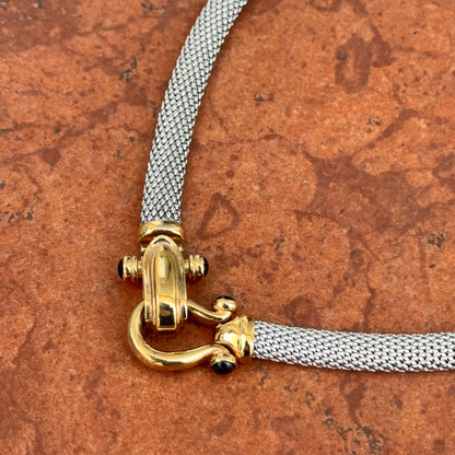 Estate 14KT Yellow Plated + Sterling Silver Weave Chain Horse Bit Onyx Caps Necklace