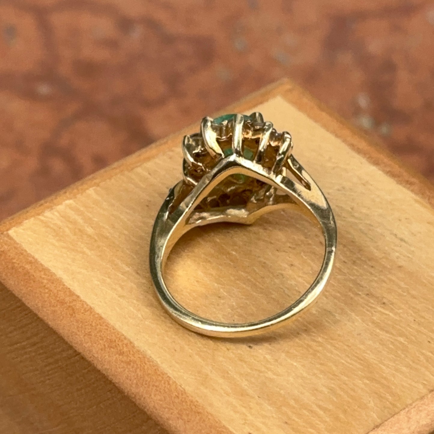 Estate 14KT Yellow Gold Teardrop Colombian Emerald + Diamond Halo Bypass Ring