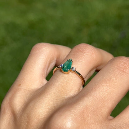 Estate 18KT Yellow Gold Elongated Pear Emerald + Diamond Ring