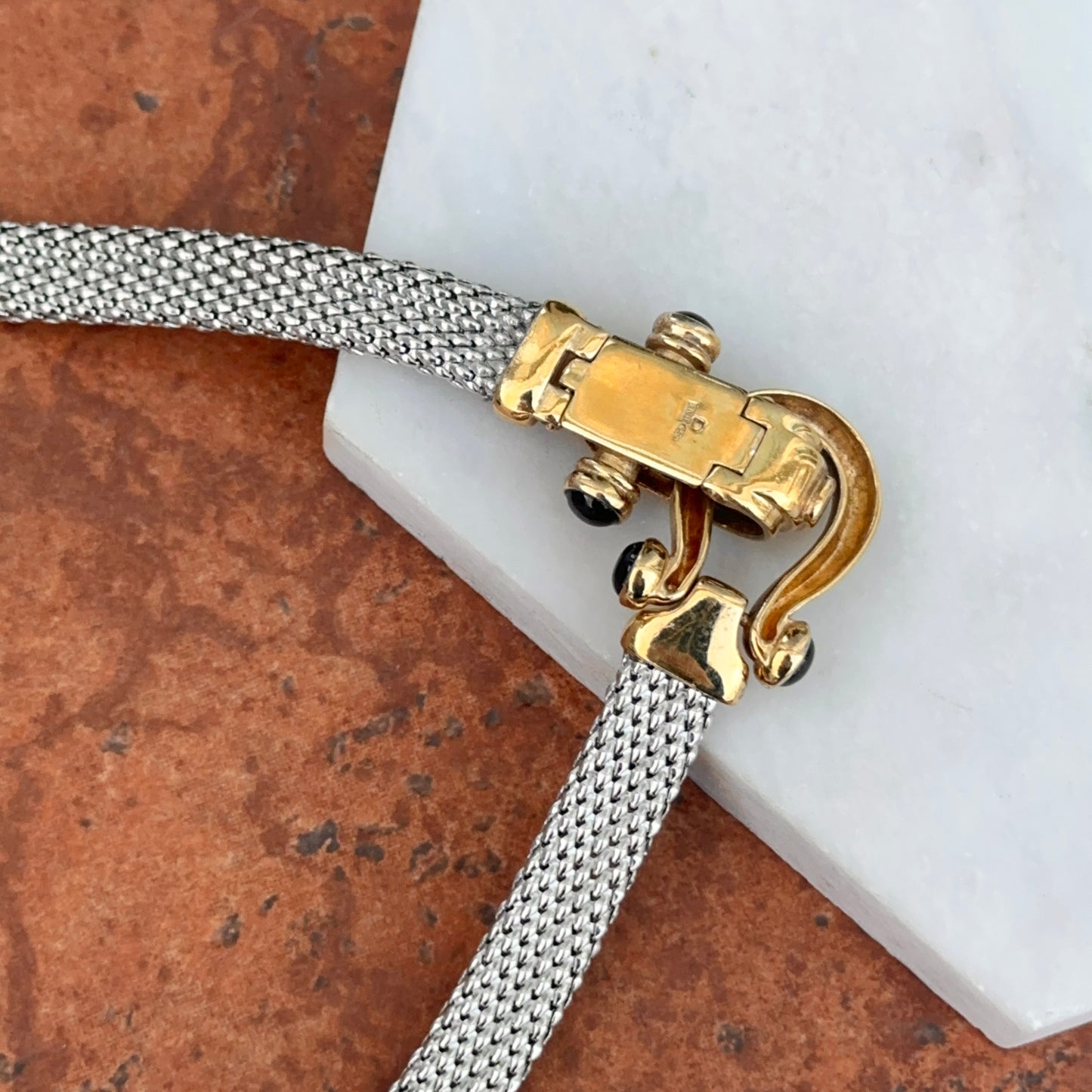 Estate 14KT Yellow Plated + Sterling Silver Weave Chain Horse Bit Onyx Caps Necklace