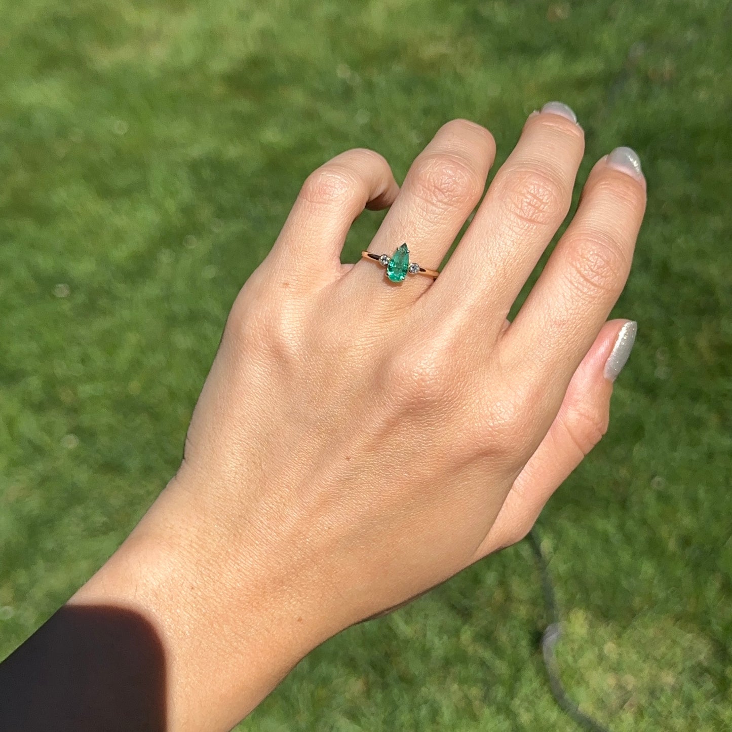 Estate 18KT Yellow Gold Elongated Pear Emerald + Diamond Ring