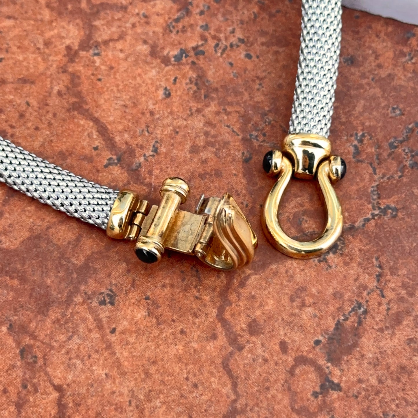 Estate 14KT Yellow Plated + Sterling Silver Weave Chain Horse Bit Onyx Caps Necklace