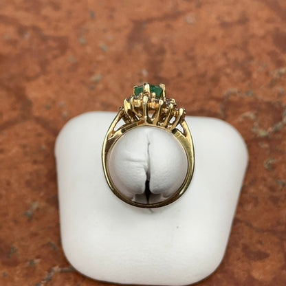 Estate 14KT Yellow Gold Teardrop Colombian Emerald + Diamond Halo Bypass Ring