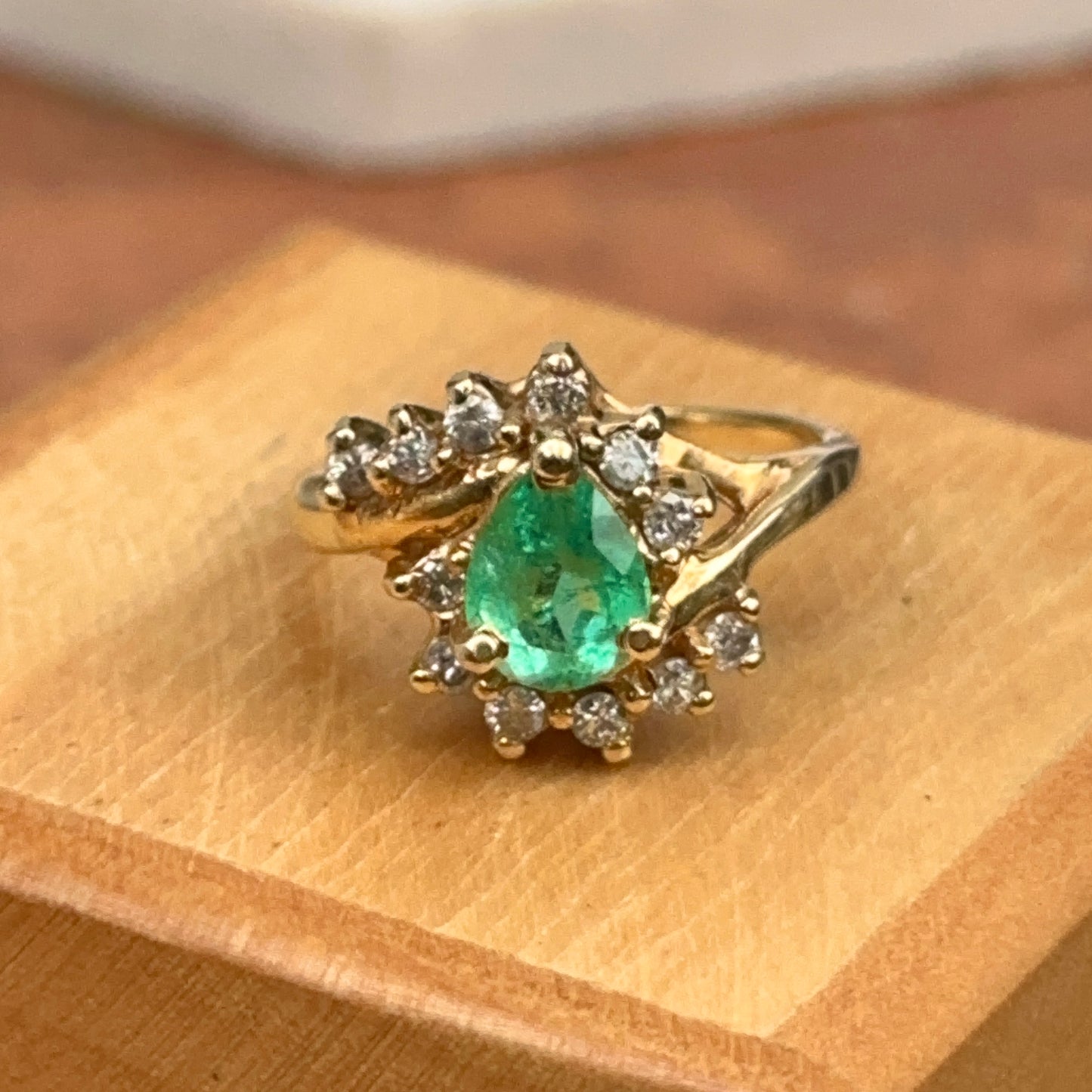 Estate 14KT Yellow Gold Teardrop Colombian Emerald + Diamond Halo Bypass Ring
