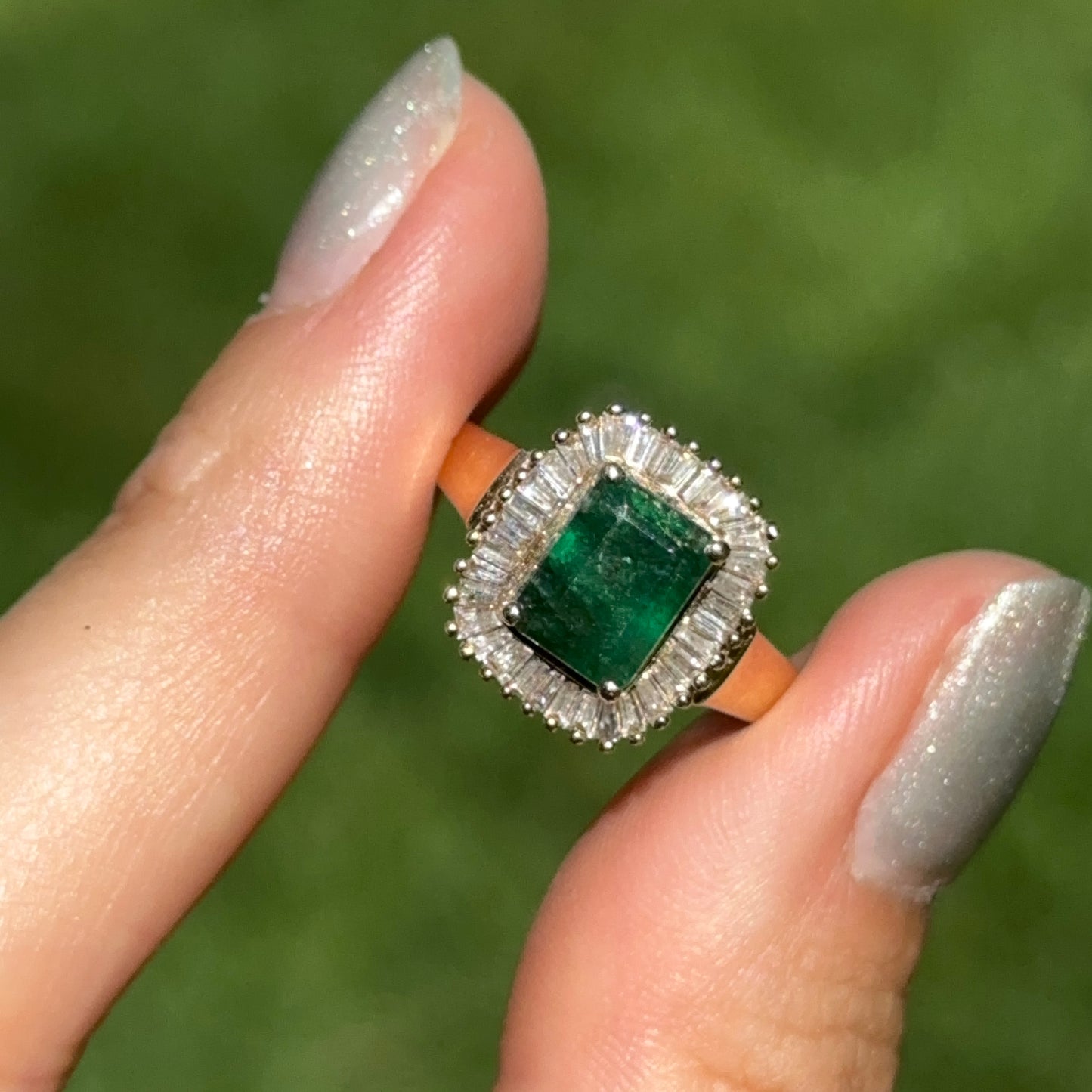 Estate 14KT Yellow Gold Emerald-Cut Emerald + Baguette Diamond Ballerina Ring