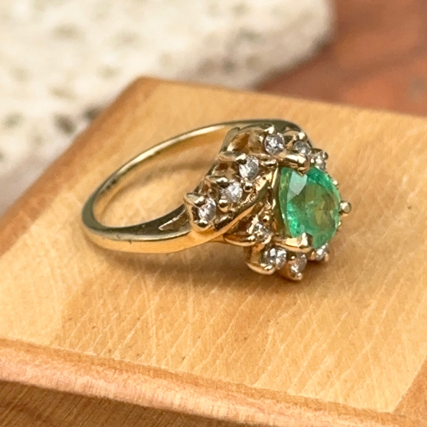 Estate 14KT Yellow Gold Teardrop Colombian Emerald + Diamond Halo Bypass Ring