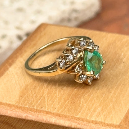 Estate 14KT Yellow Gold Teardrop Colombian Emerald + Diamond Halo Bypass Ring