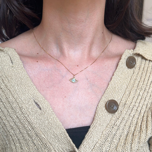 14KT Yellow Gold Blue CZ Evil Eye Pendant Charm