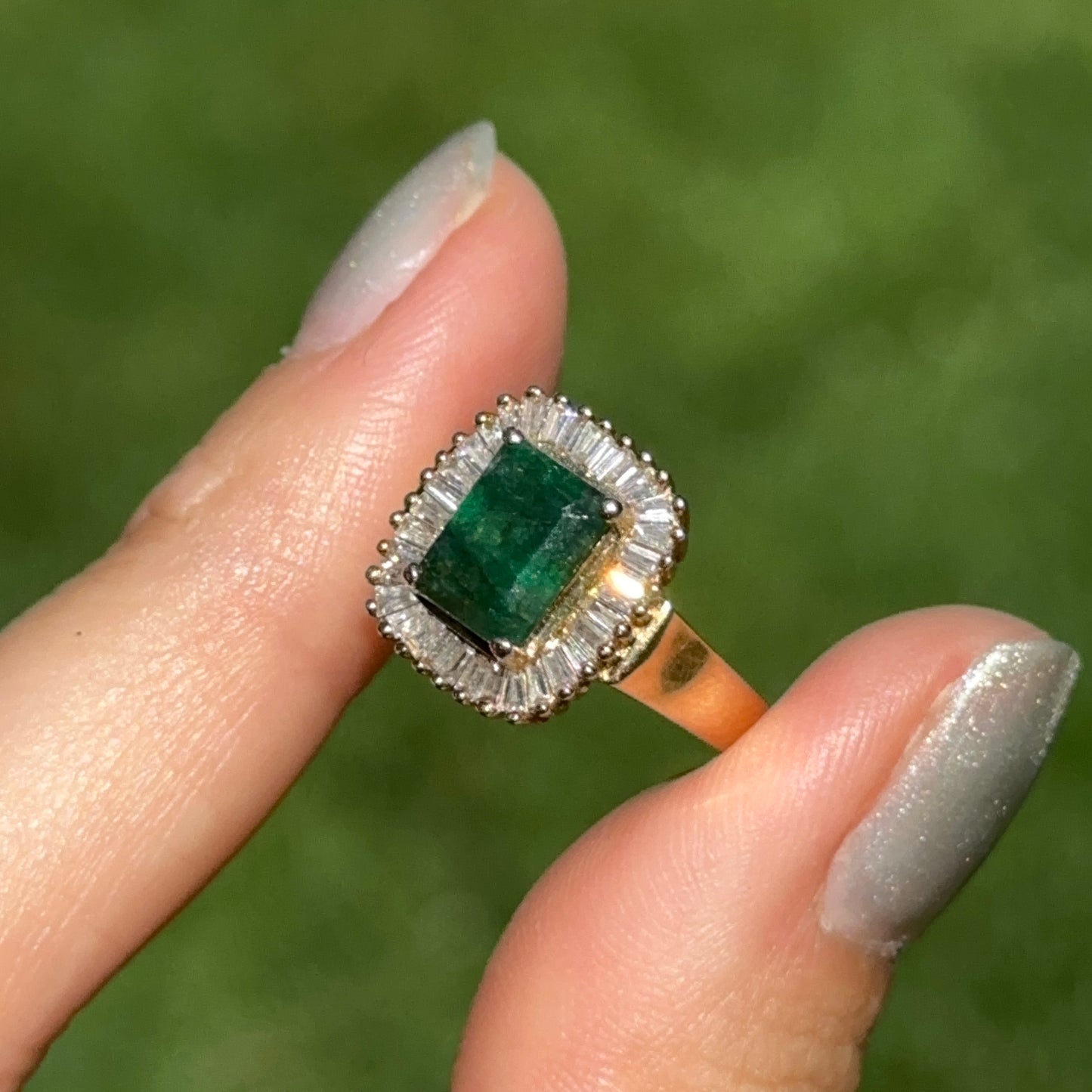 Estate 14KT Yellow Gold Emerald-Cut Emerald + Baguette Diamond Ballerina Ring