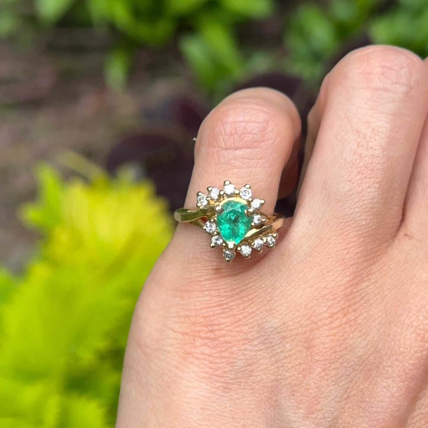 Estate 14KT Yellow Gold Teardrop Colombian Emerald + Diamond Halo Bypass Ring