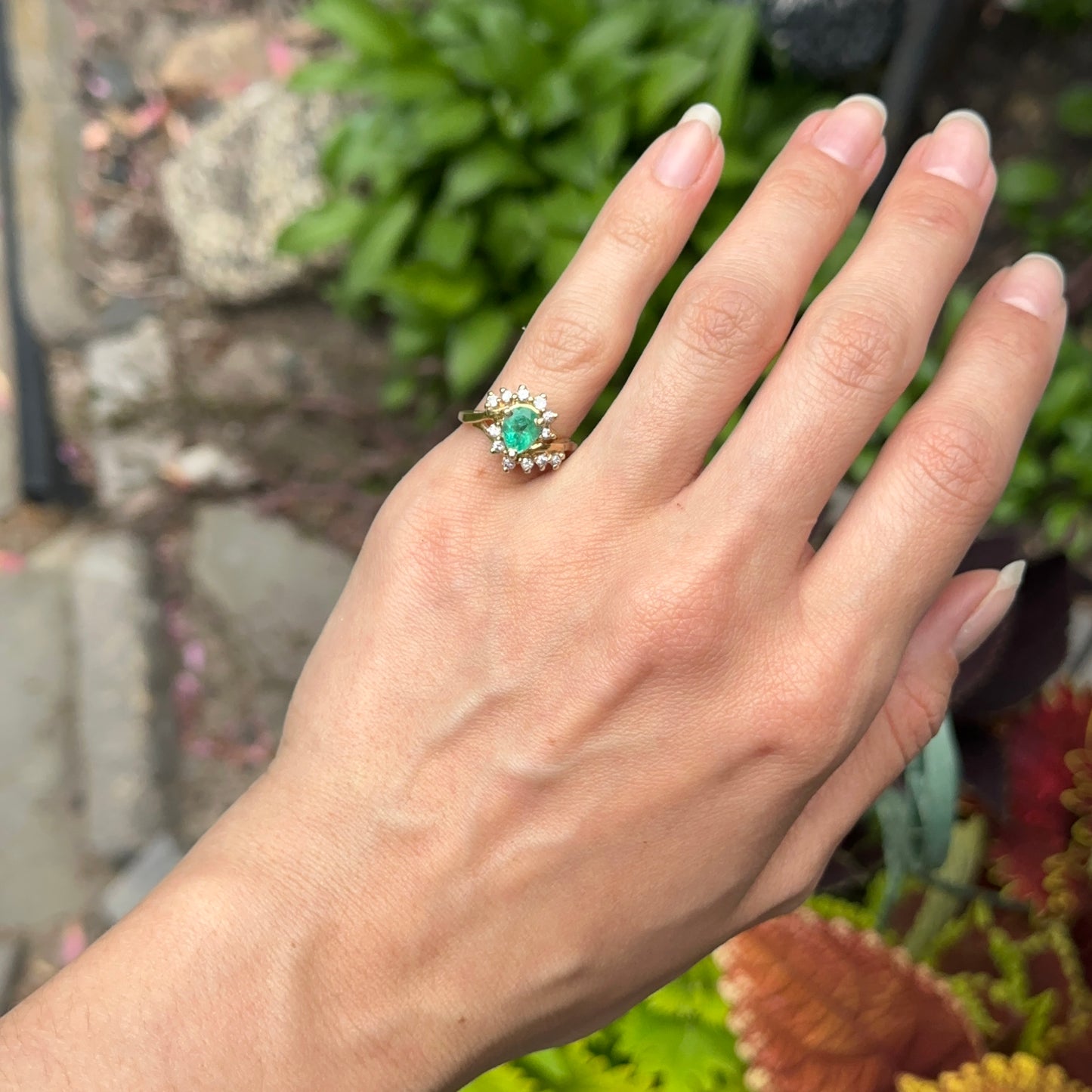 Estate 14KT Yellow Gold Teardrop Colombian Emerald + Diamond Halo Bypass Ring