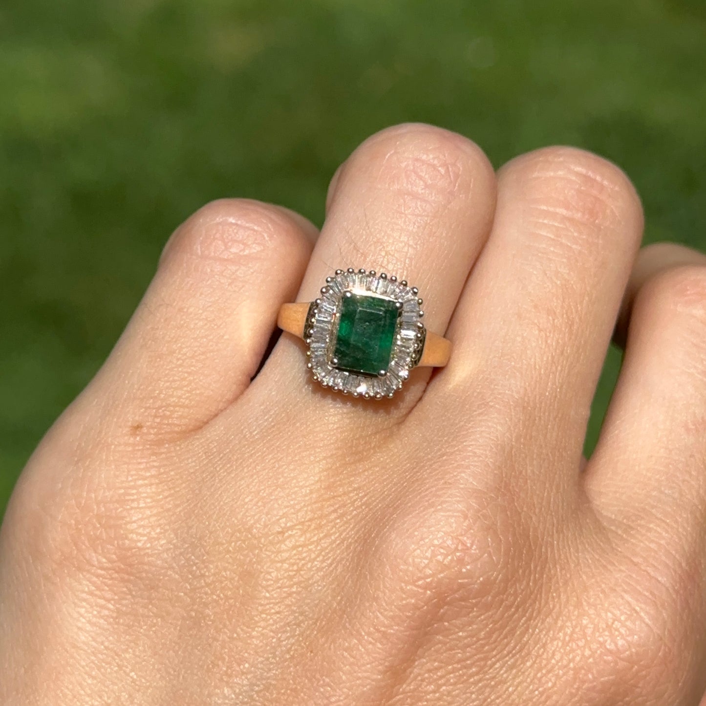 Estate 14KT Yellow Gold Emerald-Cut Emerald + Baguette Diamond Ballerina Ring