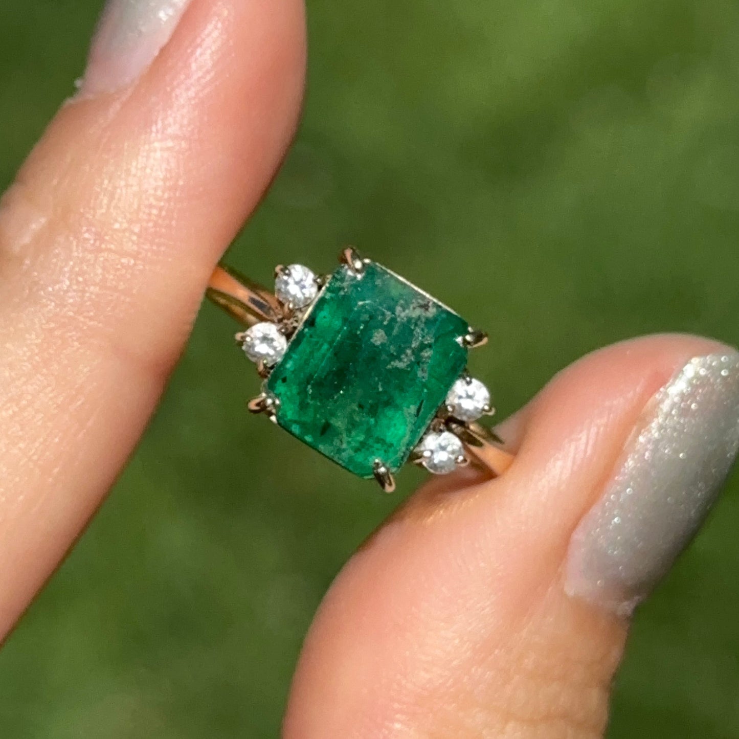 Estate 18KT Yellow Gold Emerald-Cut 3.00 CT Emerald + Diamond Ring