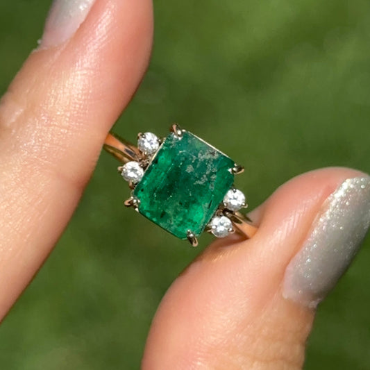 Estate 18KT Yellow Gold Emerald-Cut 3.00 CT Emerald + Diamond Ring