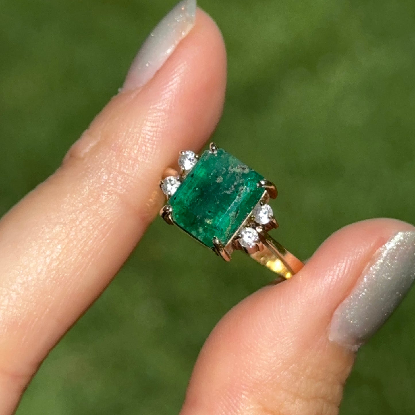 Estate 18KT Yellow Gold Emerald-Cut 3.00 CT Emerald + Diamond Ring