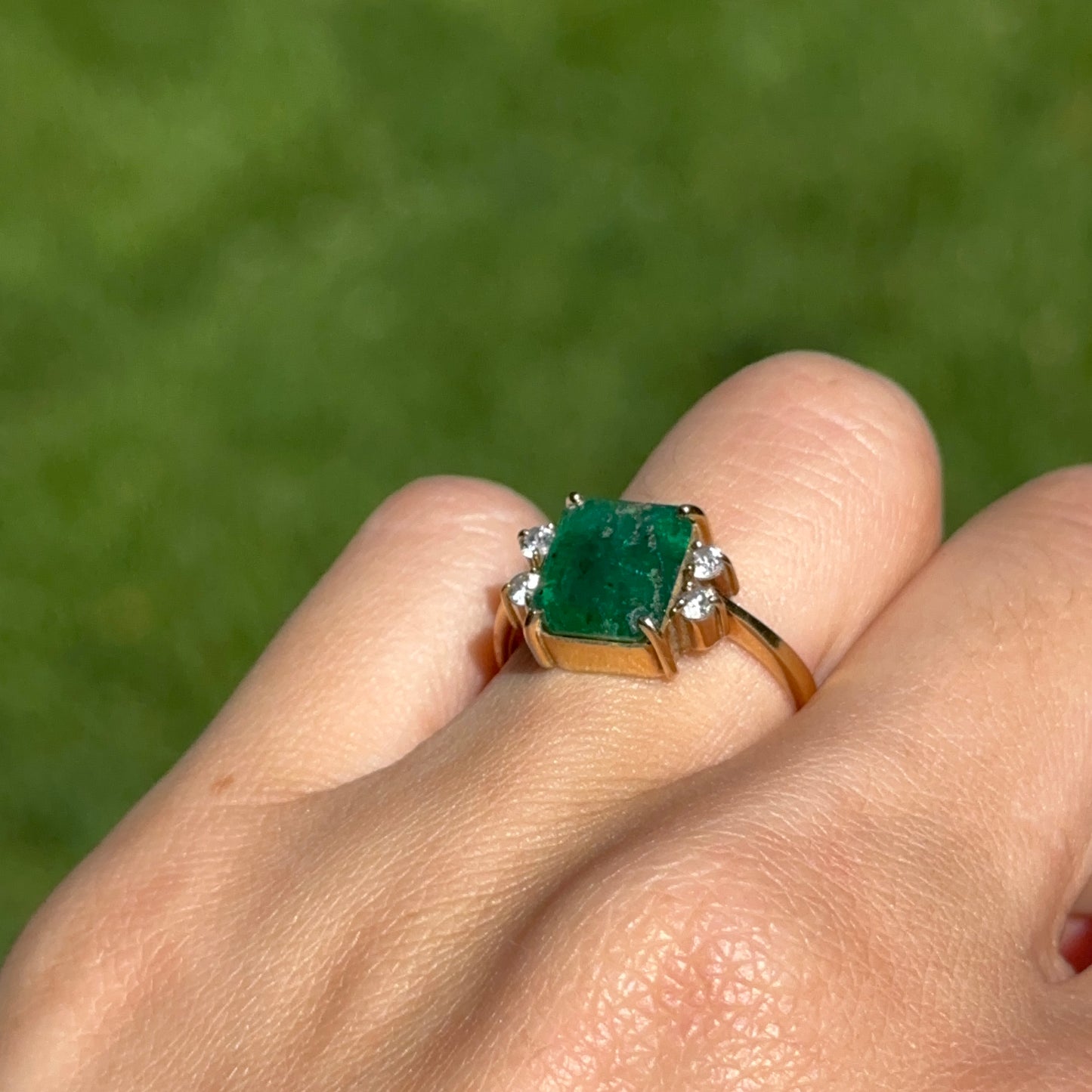 Estate 18KT Yellow Gold Emerald-Cut 3.00 CT Emerald + Diamond Ring
