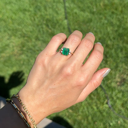 Estate 18KT Yellow Gold Emerald-Cut 3.00 CT Emerald + Diamond Ring